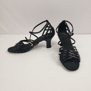 Bloch Ballroom Dance Shoes Black 7.5 Strappy Caged Heel Drawstring Bag Salsa